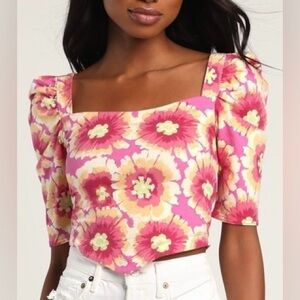 Free People NWT Puff Sleeve Floral Crisscross Back Crop Top